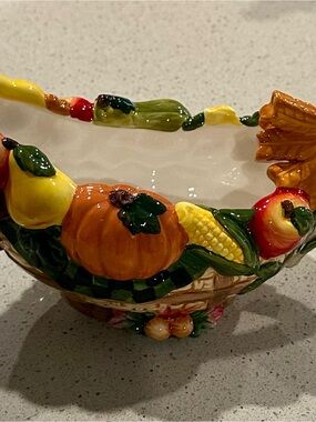 Hand-Painted Ceramic Harvest Serving Gravy Boat- Multicolor Autumn Motif
